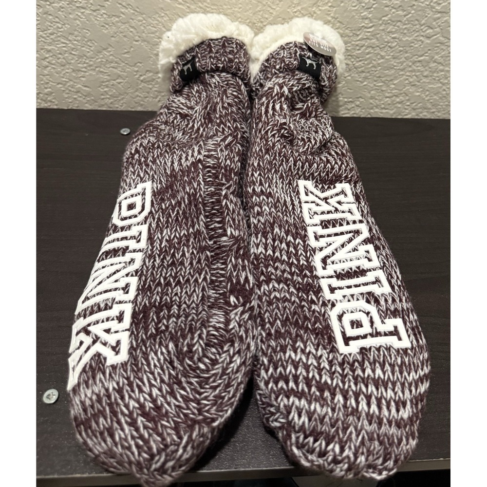 VICTORIA'S SECRET PINK SLIPPERS SOCKS Maroon White SHERPA LINED BOOTIES NEW